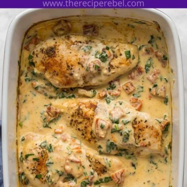 Baked Tuscan chicken breast topped with sun-dried tomatoes and herbs