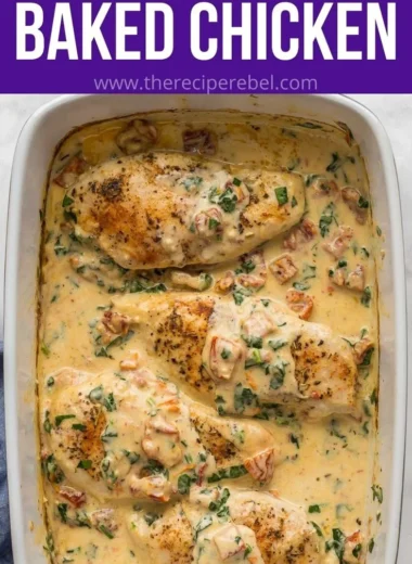 Baked Tuscan chicken breast topped with sun-dried tomatoes and herbs