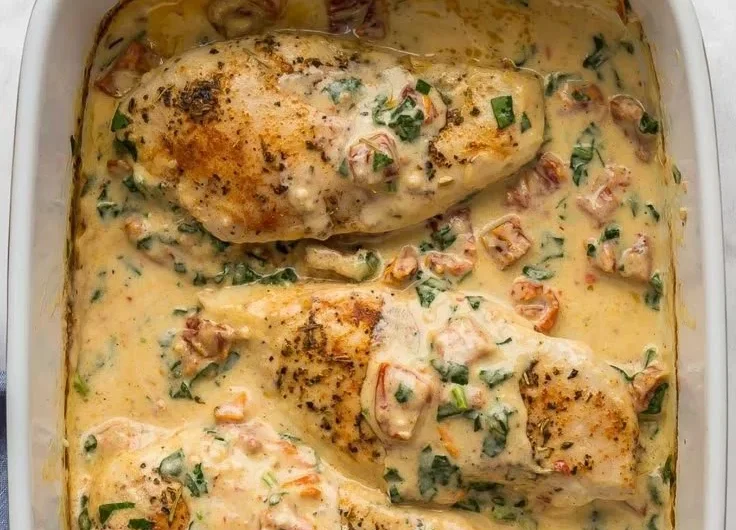 Baked Tuscan chicken breast topped with sun-dried tomatoes and herbs