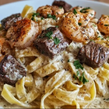 Cajun shrimp and steak Alfredo pasta served in a creamy sauce.