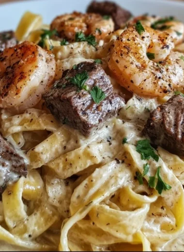 Cajun shrimp and steak Alfredo pasta served in a creamy sauce.