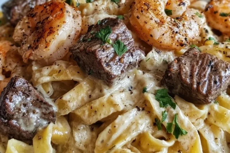 Cajun shrimp and steak Alfredo pasta served in a creamy sauce.