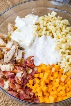 Delicious Chicken Bacon Ranch Pasta Salad served in a bowl with fresh ingredients