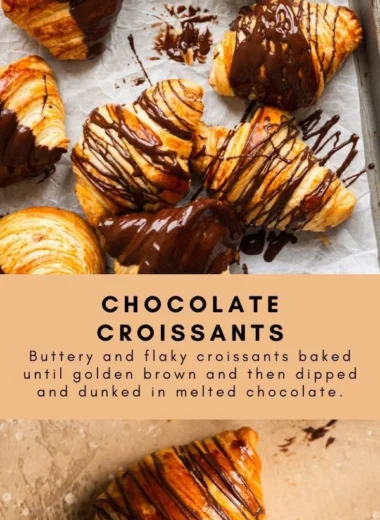Freshly baked chocolate croissants with flaky pastry and rich chocolate filling