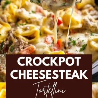 Crock Pot Cheesesteak Tortellini served in a bowl