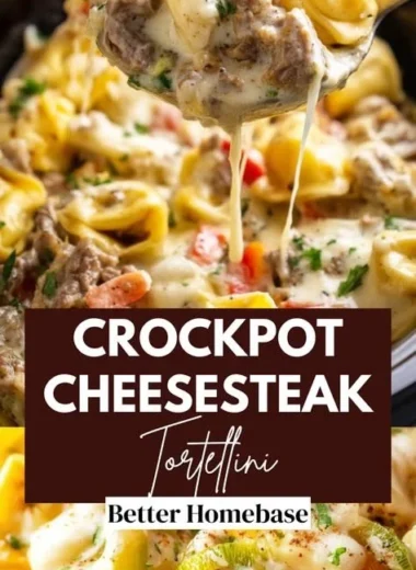 Crock Pot Cheesesteak Tortellini served in a bowl