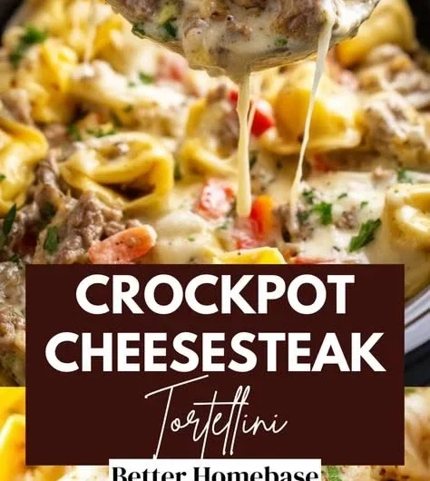 Crock Pot Cheesesteak Tortellini served in a bowl
