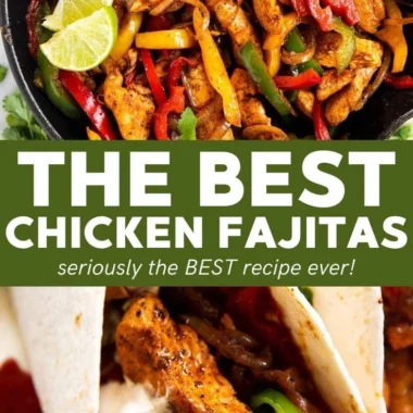 Delicious easy chicken fajitas served with colorful bell peppers and onions.