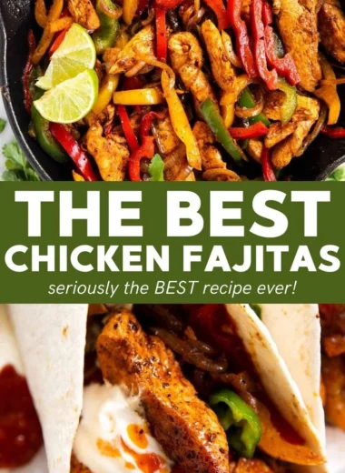 Delicious easy chicken fajitas served with colorful bell peppers and onions.