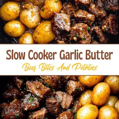 Delicious garlic butter beef bites served with roasted potatoes