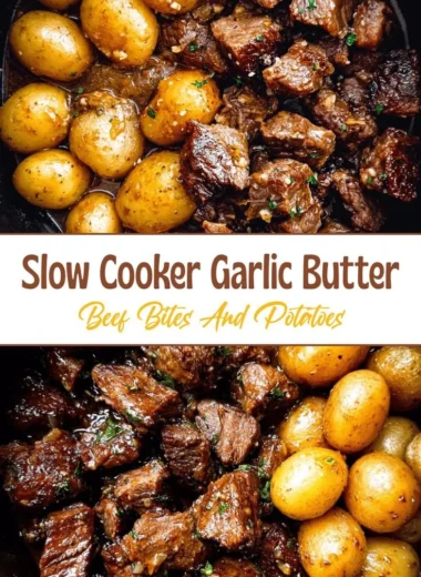 Delicious garlic butter beef bites served with roasted potatoes