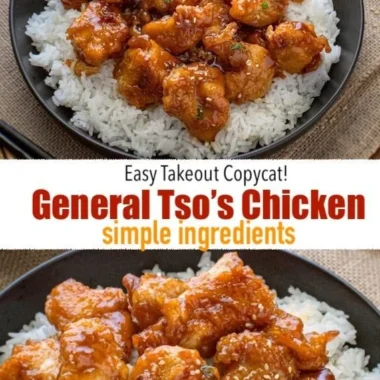 Plate of General Tso's Chicken garnished with green onions and sesame seeds.