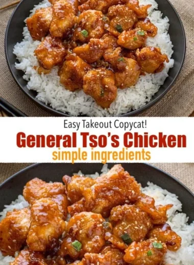 Plate of General Tso's Chicken garnished with green onions and sesame seeds.