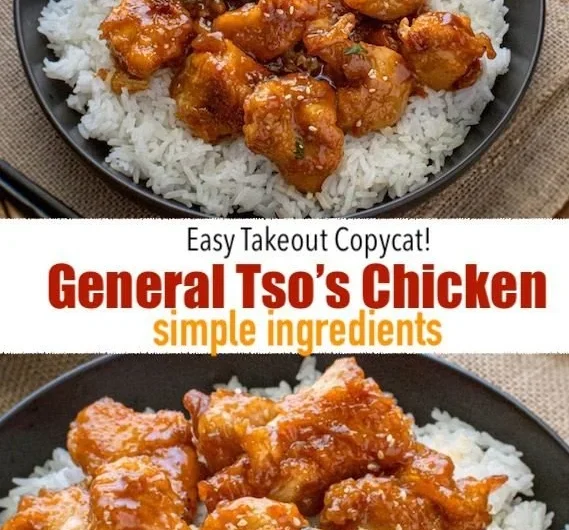 Plate of General Tso's Chicken garnished with green onions and sesame seeds.