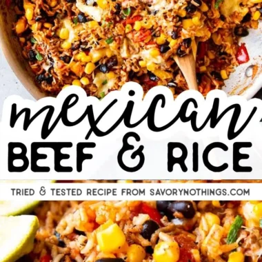 Mexican Beef and Rice Skillet recipe with colorful ingredients in a pan.