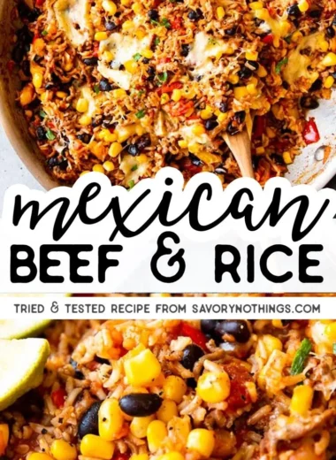 Mexican Beef and Rice Skillet recipe with colorful ingredients in a pan.