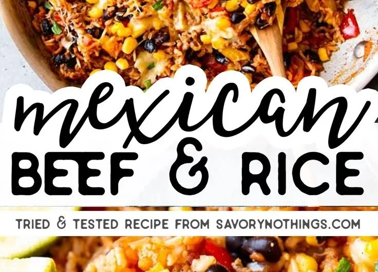 Mexican Beef and Rice Skillet recipe with colorful ingredients in a pan.