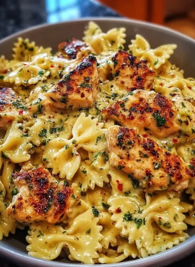 Creamy Mozzarella Garlic Butter Chicken Bowties dish garnished with herbs