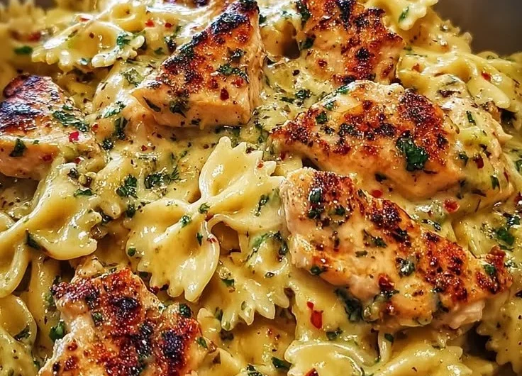 Creamy Mozzarella Garlic Butter Chicken Bowties dish garnished with herbs