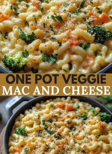 One pot veggie mac and cheese with colorful vegetables and creamy sauce