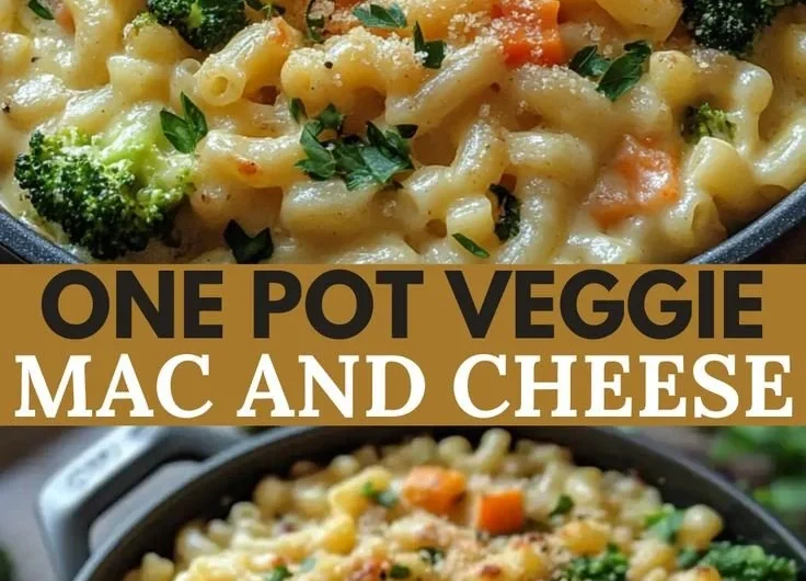 One pot veggie mac and cheese with colorful vegetables and creamy sauce