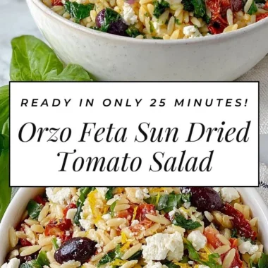 Delicious orzo pasta salad with feta and sun-dried tomatoes in a bowl.