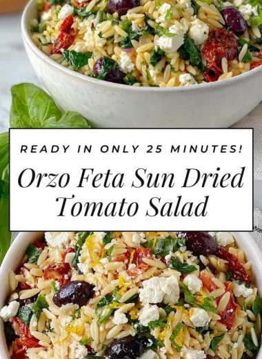 Delicious orzo pasta salad with feta and sun-dried tomatoes in a bowl.