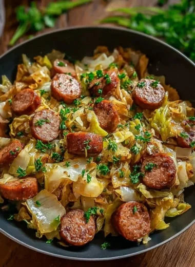 Sausage Cabbage Stir Fry with colorful vegetables in a skillet