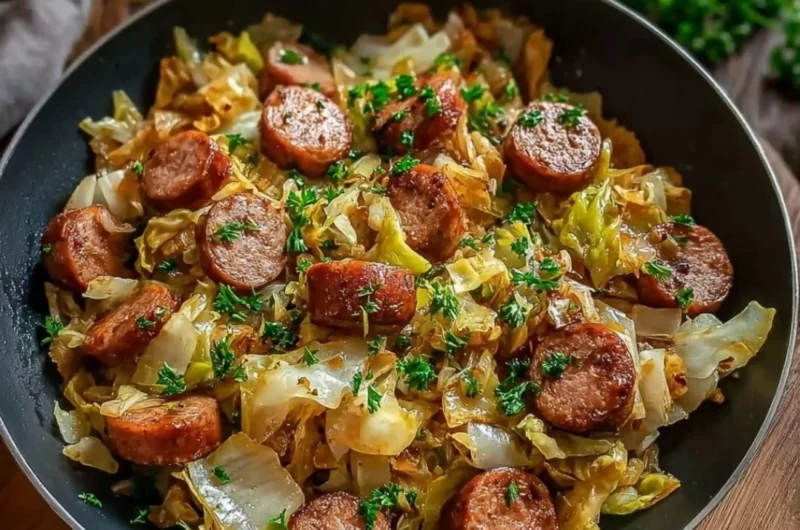 Sausage Cabbage Stir Fry with colorful vegetables in a skillet