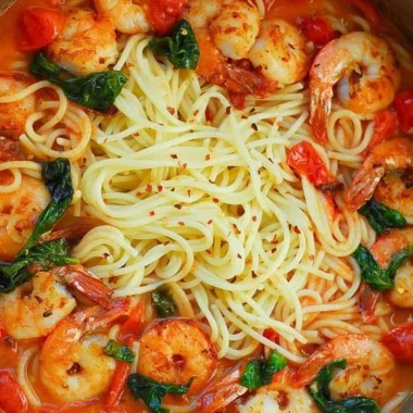 Shrimp pasta dish with garlic basil tomato sauce served in a bowl