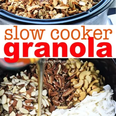 Bowl of homemade slow cooker granola with nuts and dried fruits