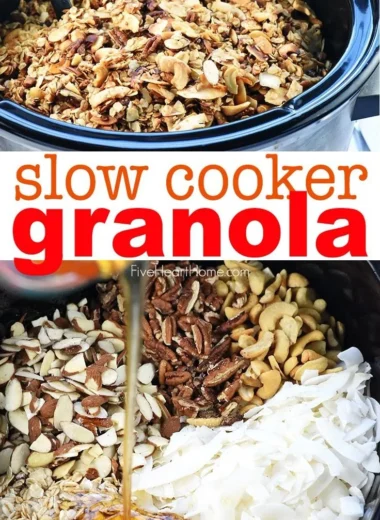 Bowl of homemade slow cooker granola with nuts and dried fruits