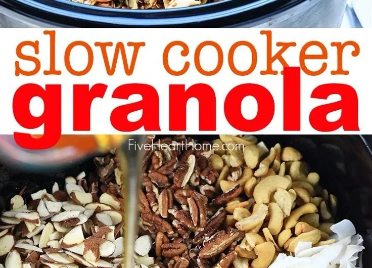 Bowl of homemade slow cooker granola with nuts and dried fruits
