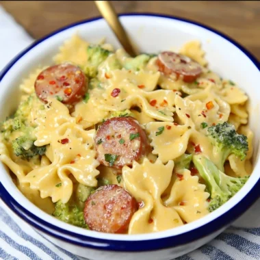 Delicious smoked sausage cheddar pasta served in a bowl