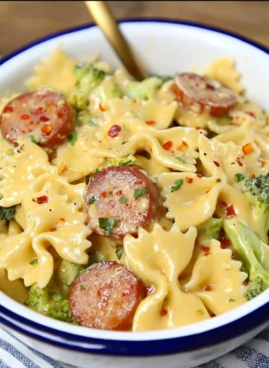 Delicious smoked sausage cheddar pasta served in a bowl