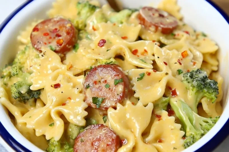 Delicious smoked sausage cheddar pasta served in a bowl