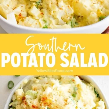 Bowl of Southern potato salad garnished with herbs, perfect for summer picnics.