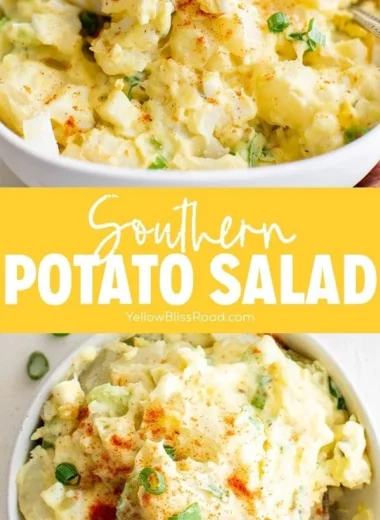 Bowl of Southern potato salad garnished with herbs, perfect for summer picnics.