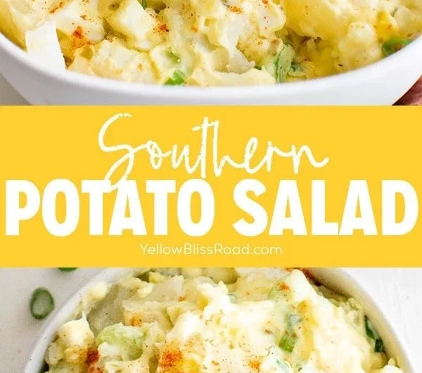 Bowl of Southern potato salad garnished with herbs, perfect for summer picnics.