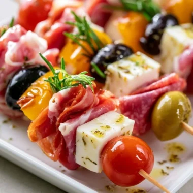 Fresh antipasto skewers featuring olives, cheese, and salami on a platter.