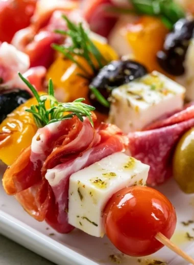 Fresh antipasto skewers featuring olives, cheese, and salami on a platter.
