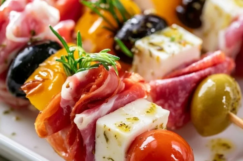Fresh antipasto skewers featuring olives, cheese, and salami on a platter.