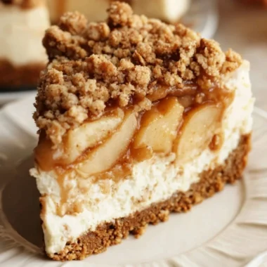 Delicious apple crumble cheesecake topped with crumbly apple topping