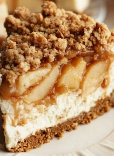 Delicious apple crumble cheesecake topped with crumbly apple topping