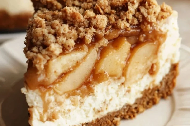 Delicious apple crumble cheesecake topped with crumbly apple topping