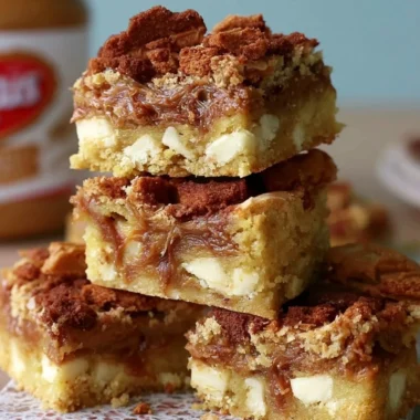 Biscoff Blondies topped with white chocolate chips and drizzled with sauce