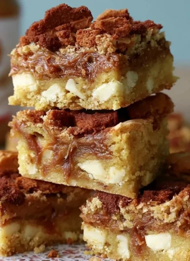 Biscoff Blondies topped with white chocolate chips and drizzled with sauce