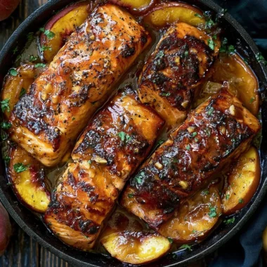 Bourbon Peach Roasted Salmon garnished with fresh peaches and herbs