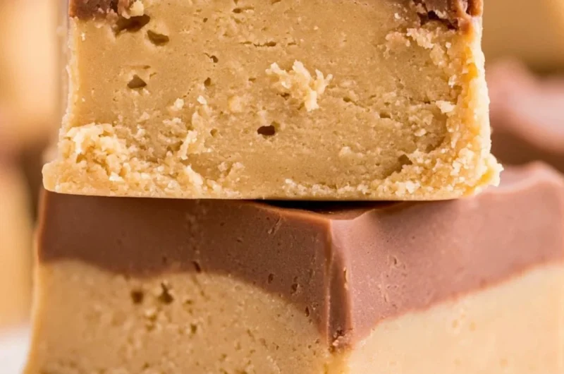 Delicious homemade Buckeye Fudge topped with chocolate and peanut butter.