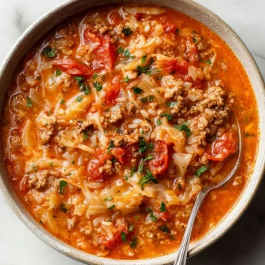 Bowl of delicious cabbage roll soup with meat and fresh vegetables